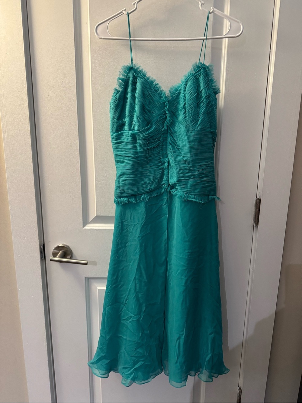 100% Silk. Teal Spaghetti-Strap Midi Dress with Textured Bodice. Size 6
